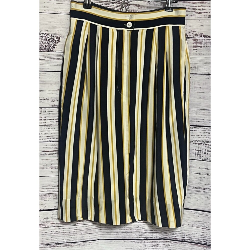 Magaschoni 100% Silk Striped Midi Pencil Skirt Navy White Yellow Pockets Sz 6